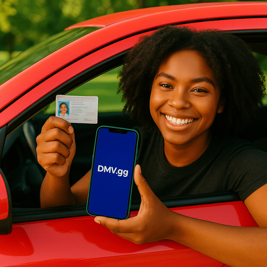 Happy driver showing DMV app and license